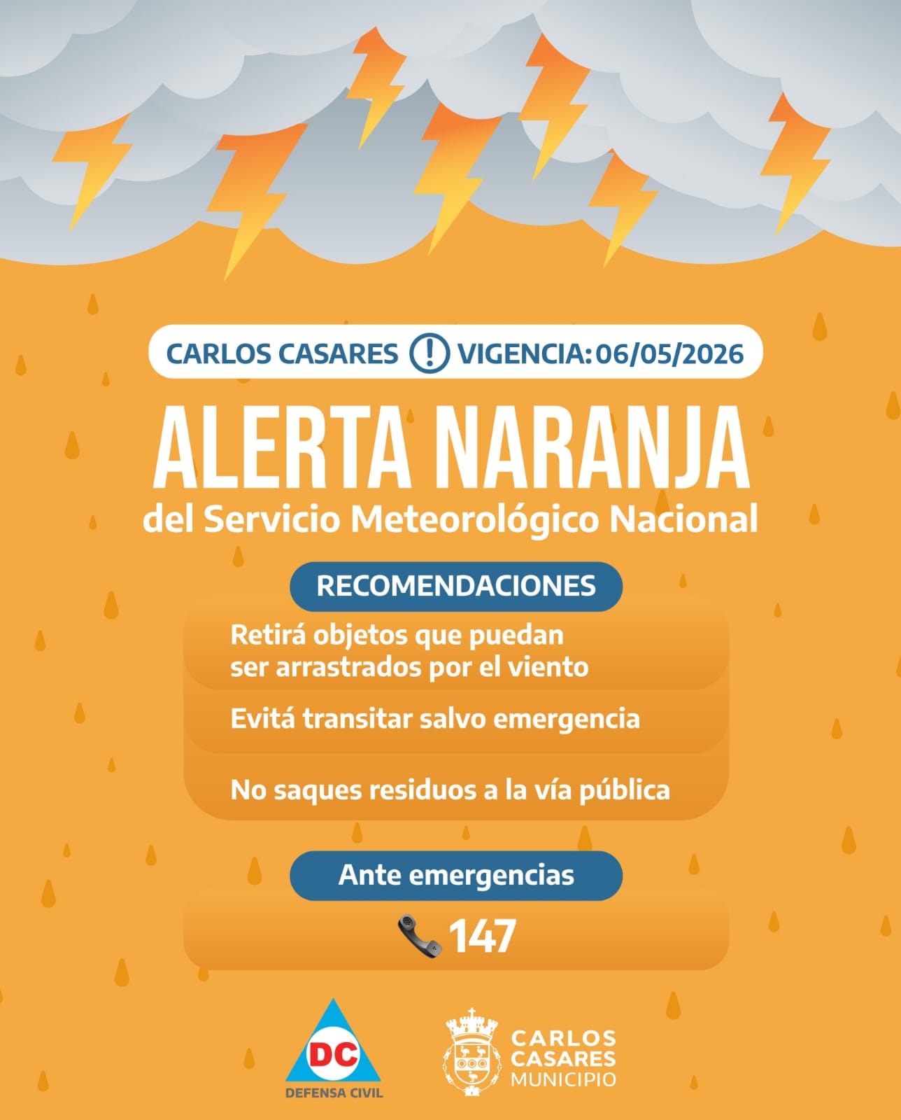 Alerta naranja por tormentas: advierten por lluvias intensas, ráfagas y posible granizo en Carlos Casares